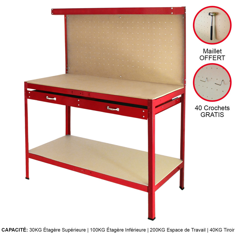 Click to view product details and reviews for Workbench With Pegboard And Drawer In Red.