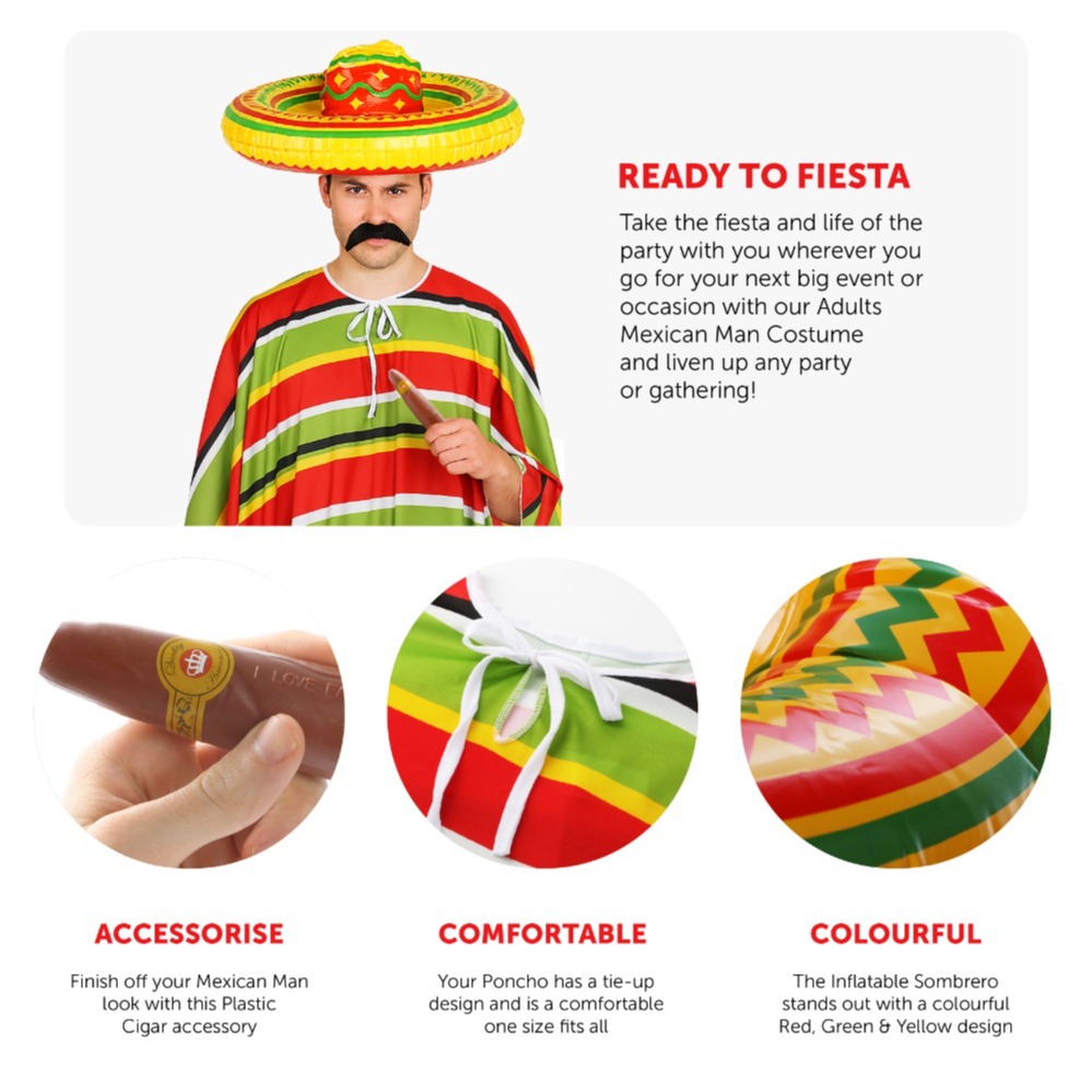 Adults Mexican Costume | 4 Pcs | Inflatable Sombrero, Moustache, Cigar & Red + Green Poncho