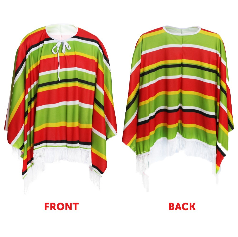 Adults Mexican Costume | 4 Pcs | Inflatable Sombrero, Moustache, Cigar & Red + Green Poncho