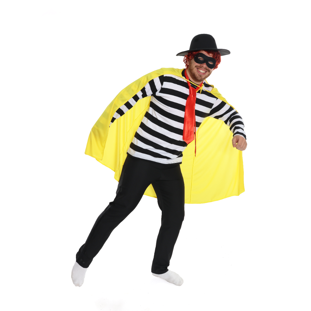 Click to view product details and reviews for Adults Burger Burglar Costume 6 Pcs Striped Top Eye Mask Hat Tie Wig Yellow Cape Small.