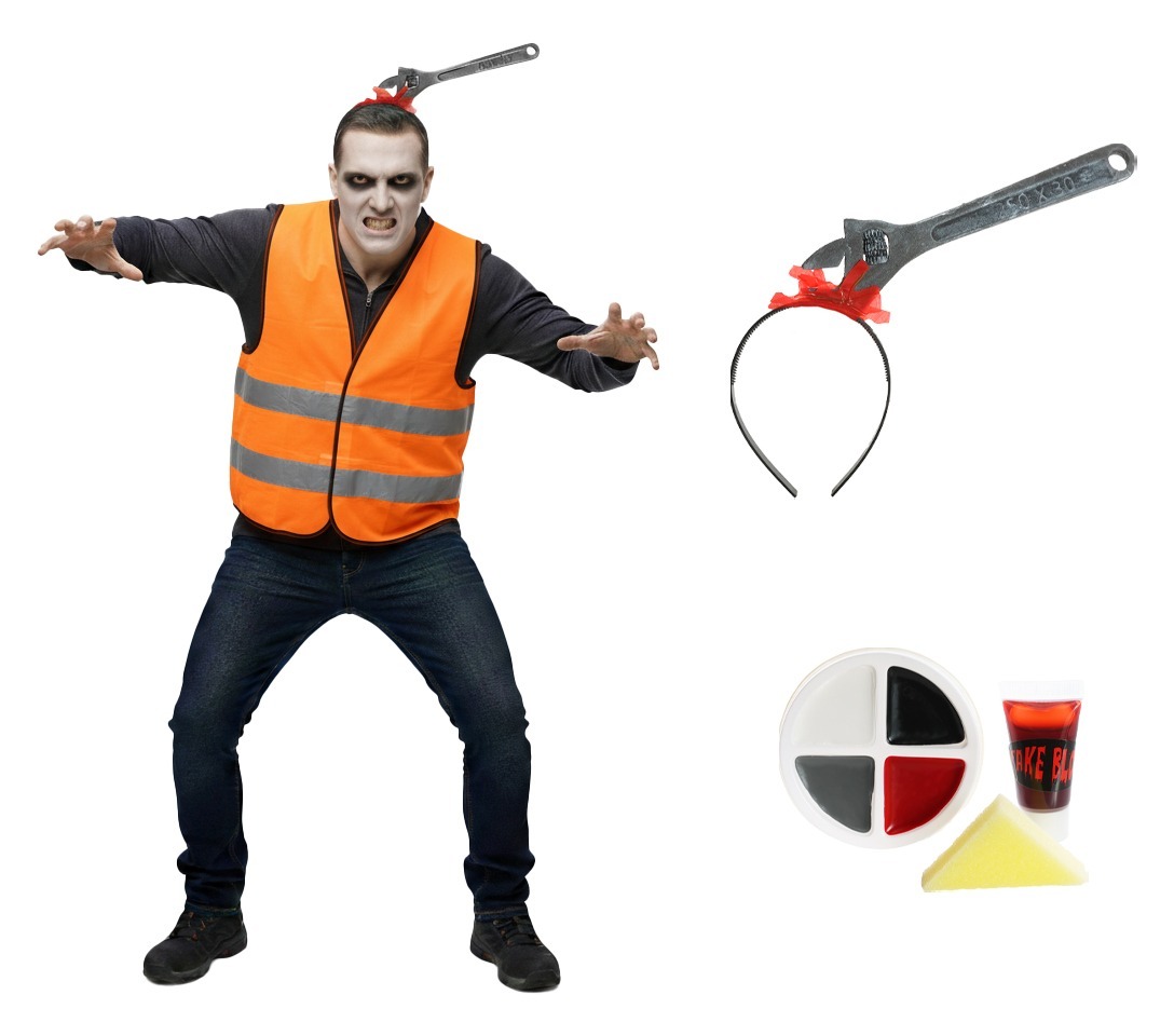 Click to view product details and reviews for Adults Zombie Builder Costume 3 Pcs Orange Hi Vis Vest Spanner Headband Face Paint.